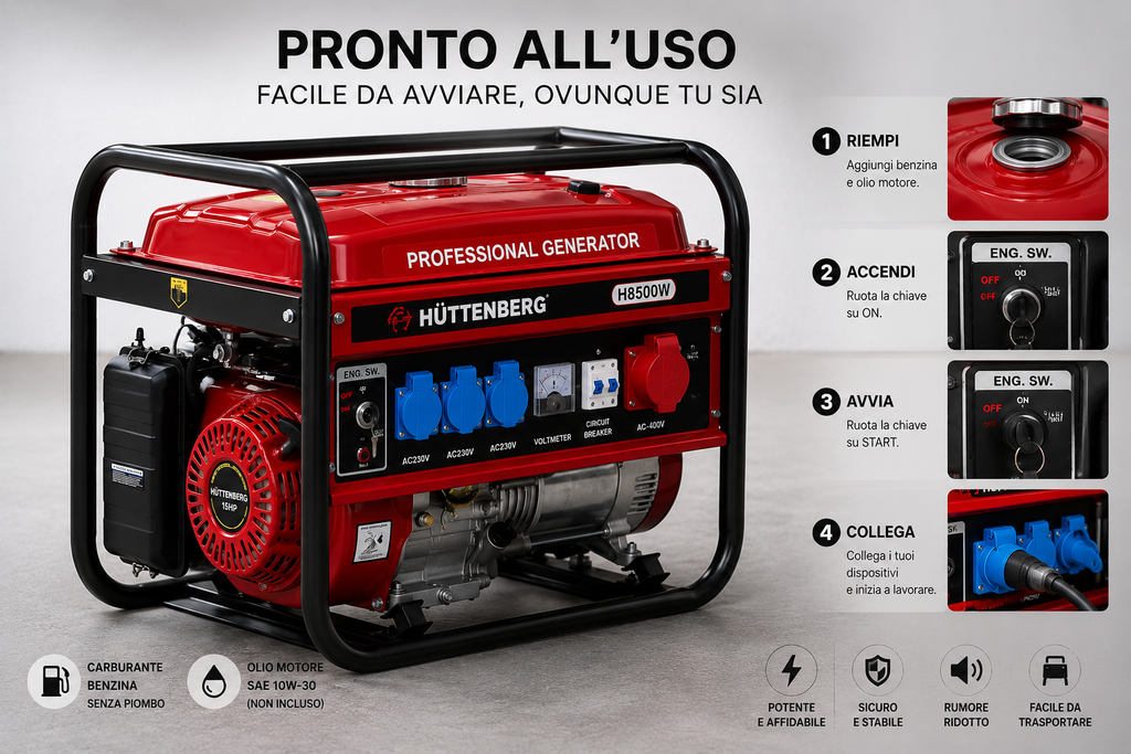 Generatore Professionale H-8500W 8,5kW Benzina 230V/400V con Avviamento Elettrico
