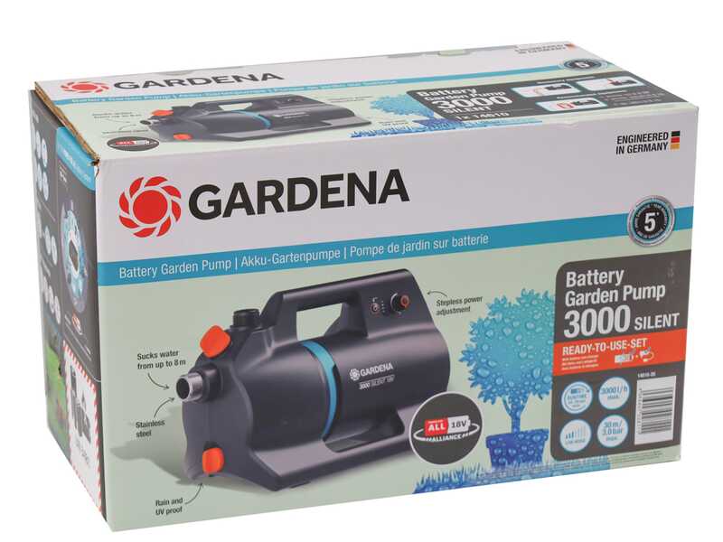 Pompa Autoadescante a Batteria Gardena 3000 Silent 18V P4A con Batteria 4Ah e Caricabatterie Inclusi